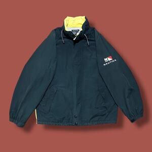 Vintage Nautica Jacket Full Zip Competition 90s Nylon Cotton Navy Blue Yellow XL
